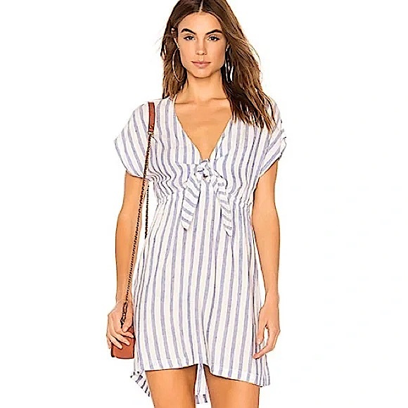 Rails Charlotte Linen Dress Grenadines Stripe Blue & White Tie Front XS Revolve - Picture 3 of 16